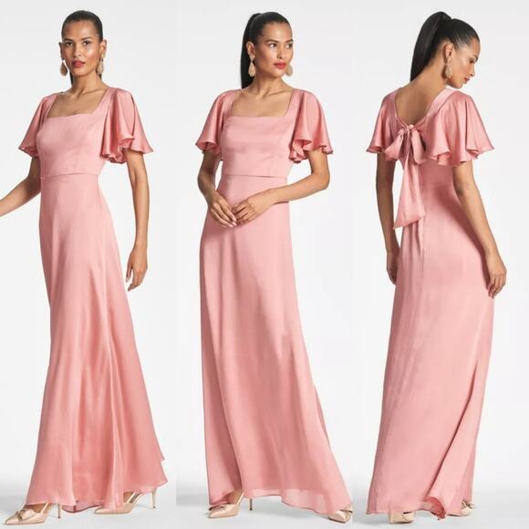 Sachin + Babi Aurora Square Neck Crinkle Georgette Gown Petal Pink Rouge Size 8 - Picture 1 of 6